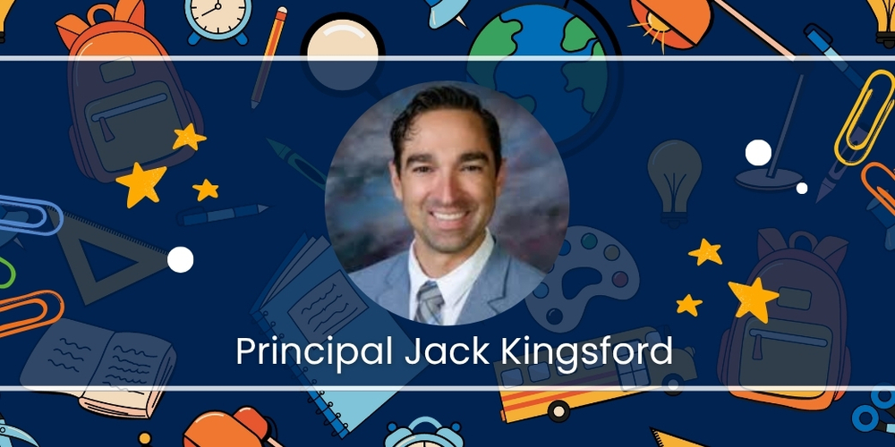 image of principla jack kingsford with school supplies in the background