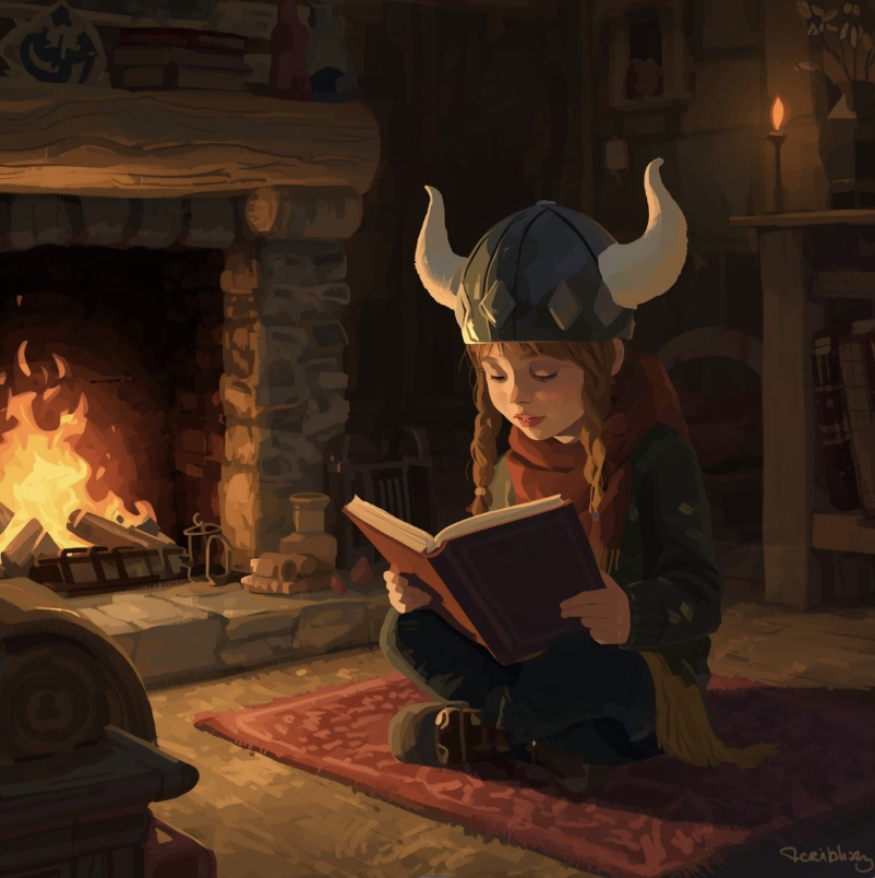 a child wearing a viking hat reading by a cozy fire
