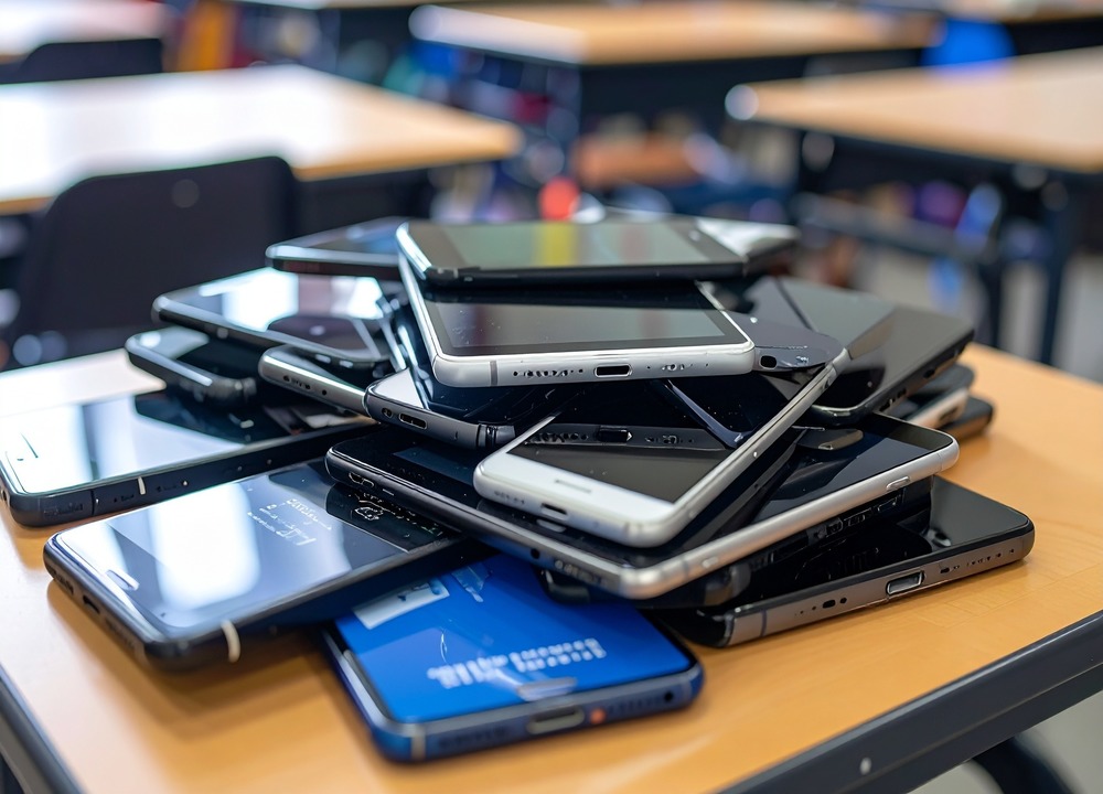 Image generated by Adobe Firefly: a large pile of smart phones on a school desks 