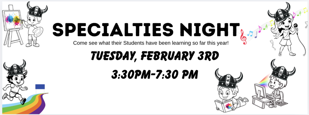 white background with pictures of children wearing viking hats participating in specialty activities