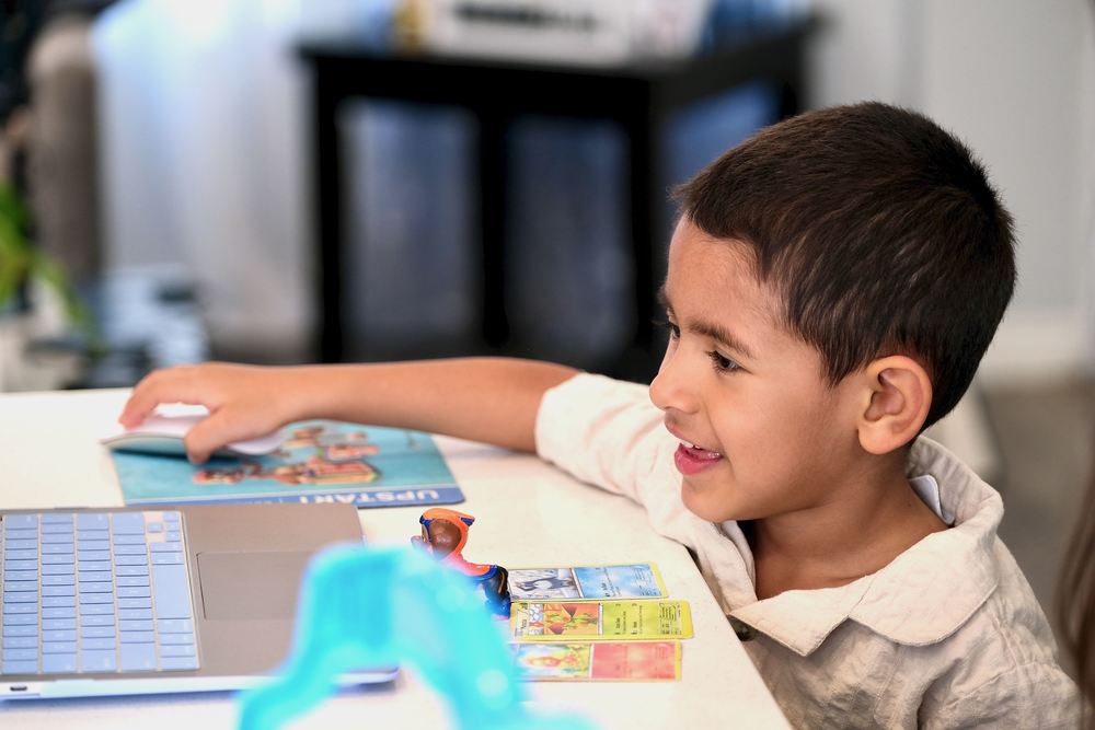 Little boy smiling using a computer