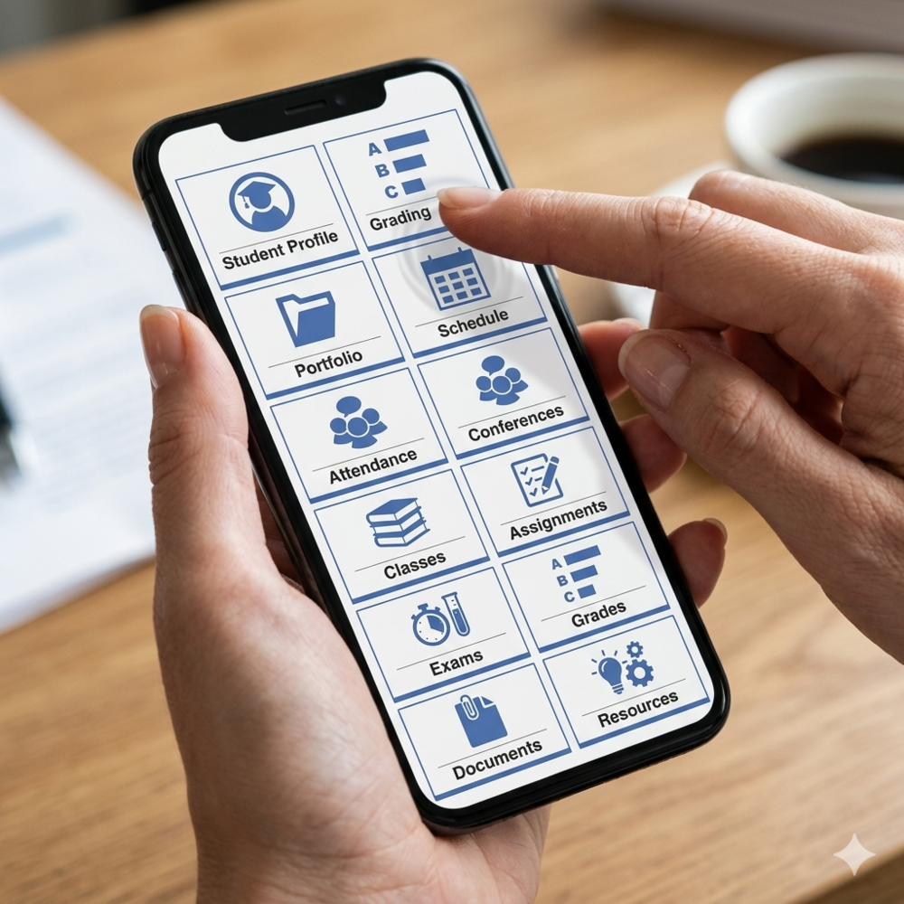 Hands holding a smart phone with the skyward app open.