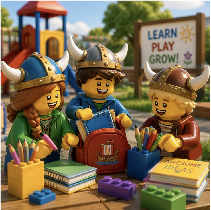 lego children in viking hats with colorful school supplies