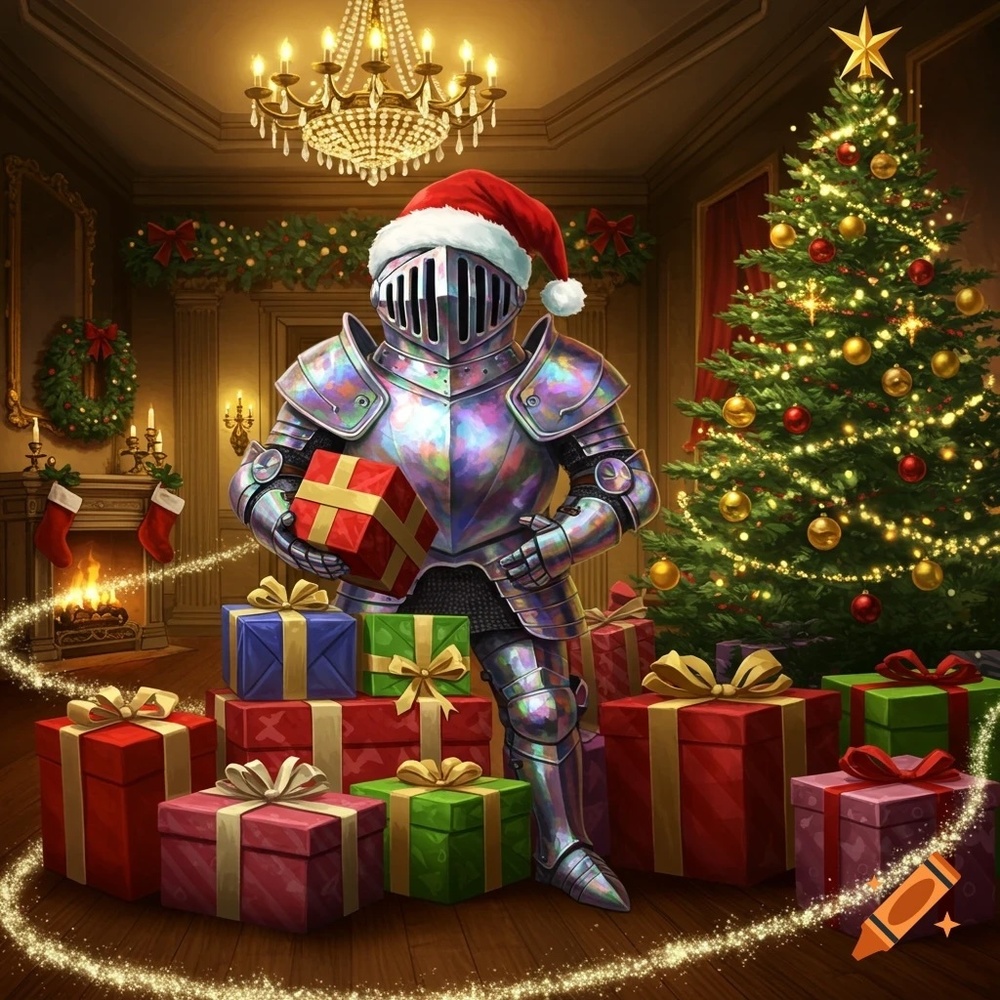 Knight Santa with gifts under a tree