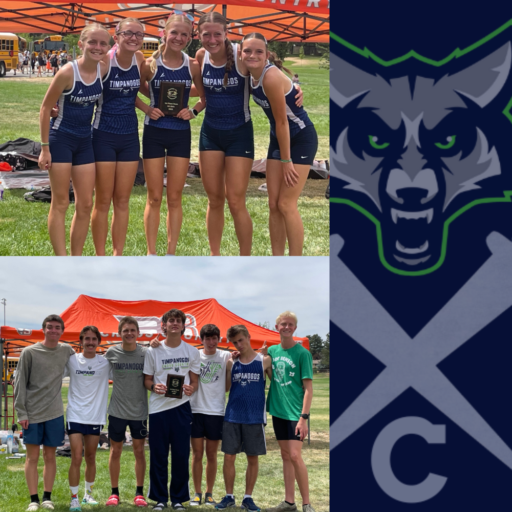 Runners with trophies and Timpanogos Cross Country Logo