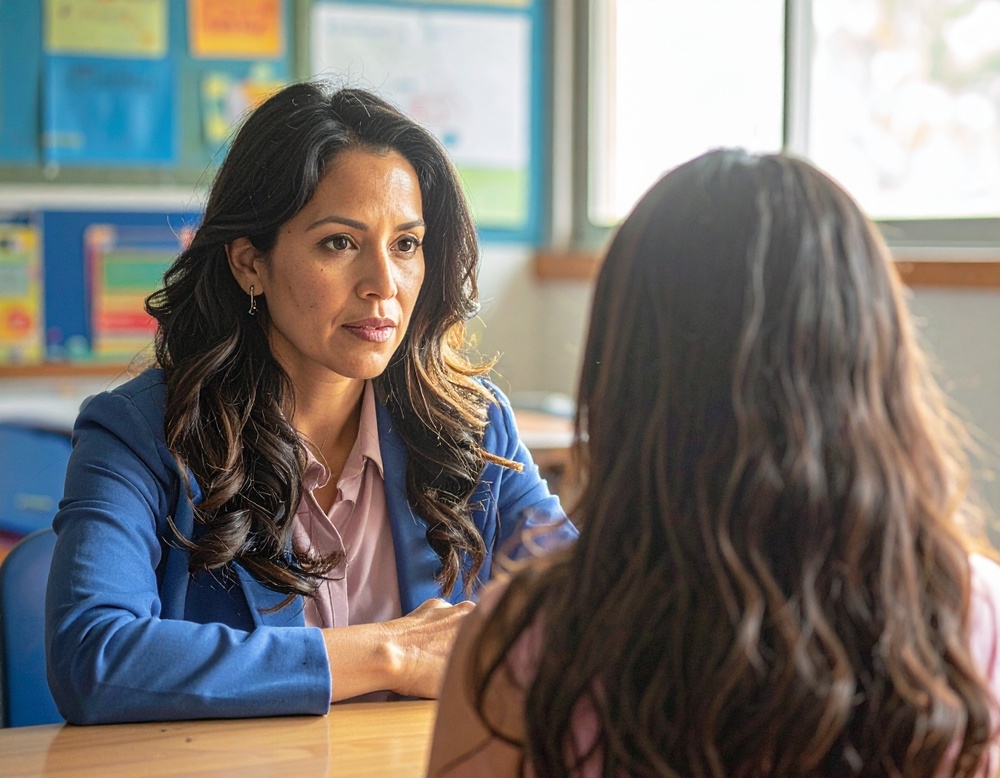 AI-generated image of a school support counselor talking with a student