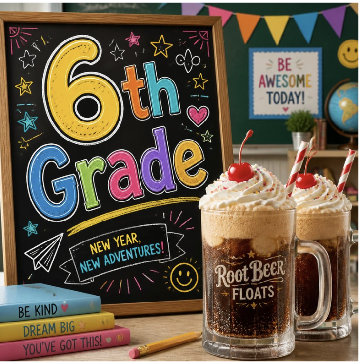 colorful sign that says 6th grade next to two rootbeer floats