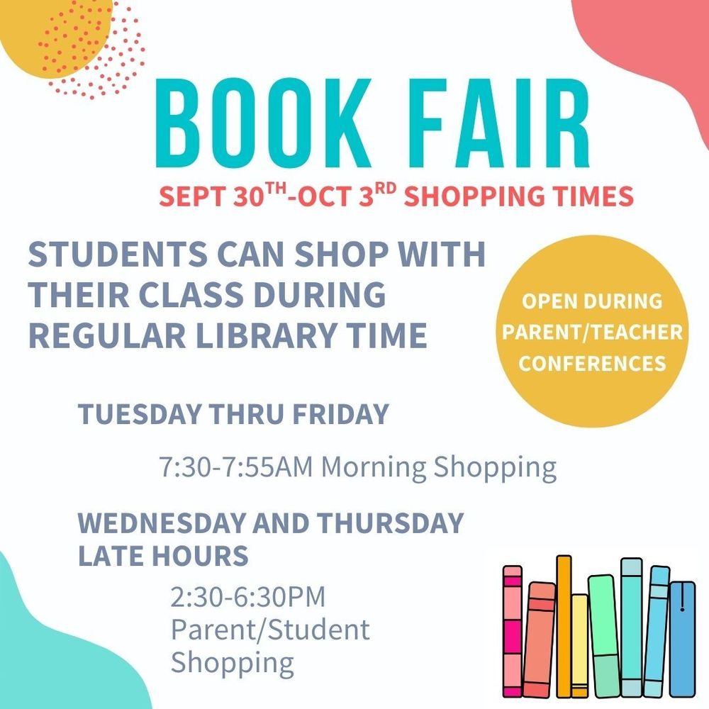 Book Fair information with books and colorful dots