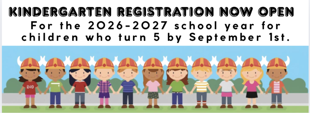 blue background with children wearing viking hats holding hands