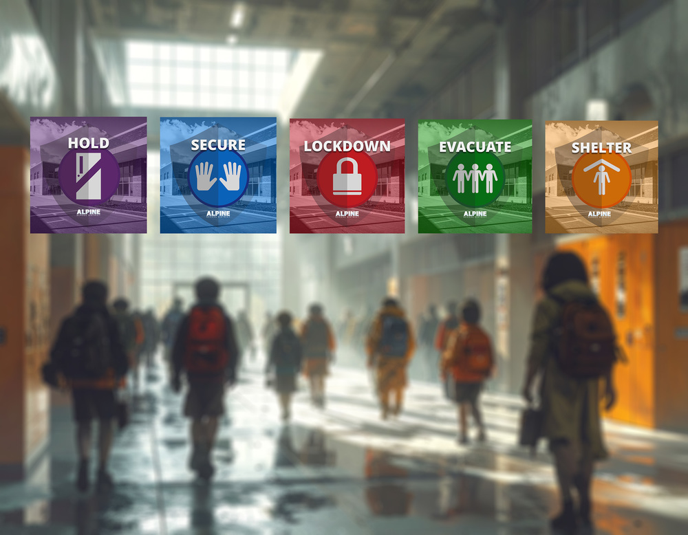 Students walking down a school hallway towards the doors with the words "Hold, Secure, Lockdown, Evacuate, Shelter" overlayed.