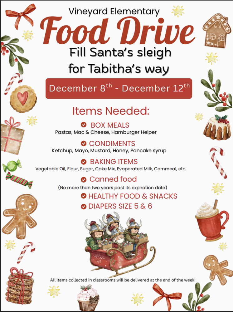 white background with pictures of all kinds of food and santa's sleigh with children in it