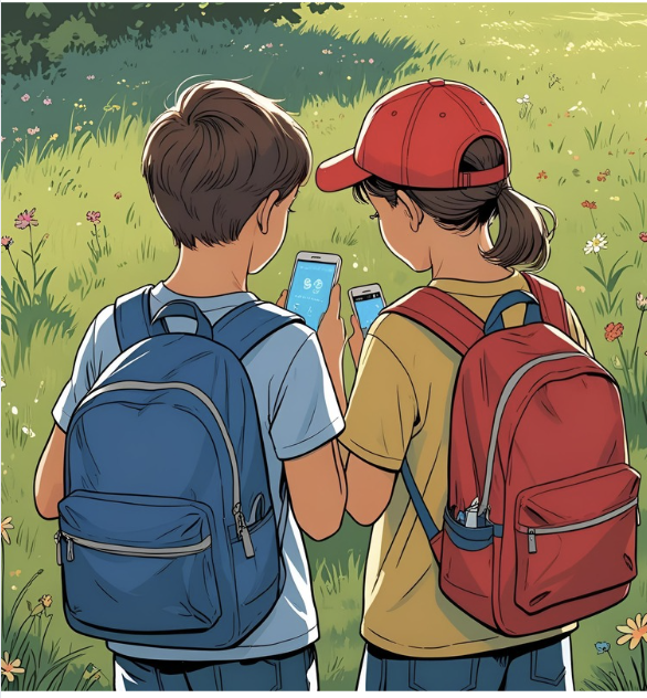 cartoon image of a young boy and girl, both with brown hair, wearing backpacks, looking at their cell phones