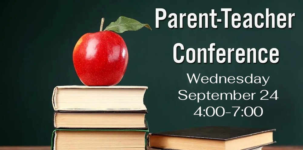 Apple on stack of books. Green background. Parent-Teacher Conference