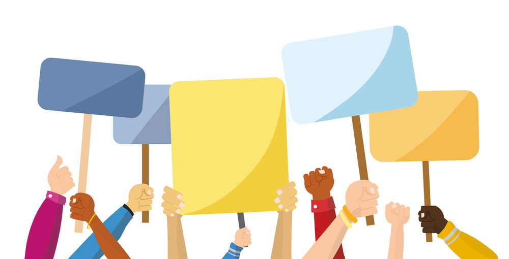 cartoon image of hands and fists holding posters.