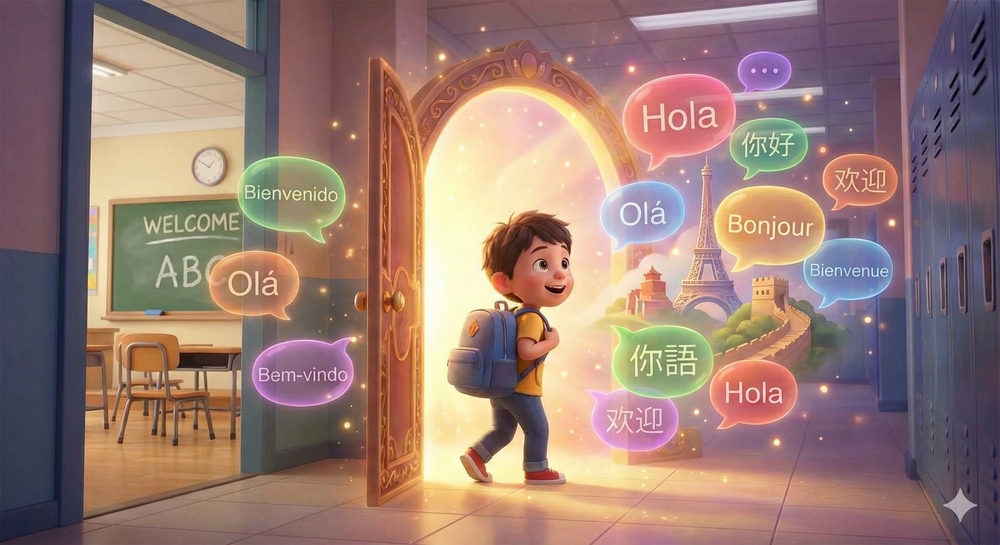 a cartoon boy entering a world of multiple languages