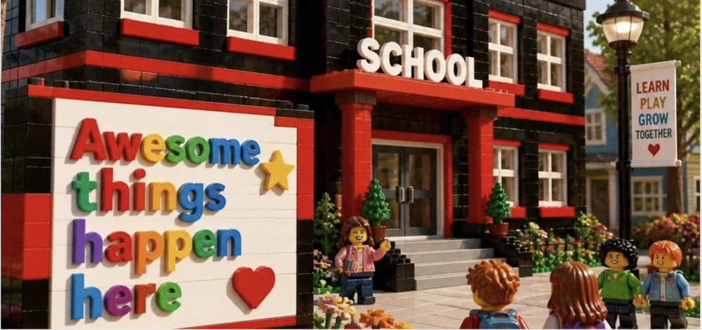lego built black and red school with a colorful sign that says Awesome things happen here