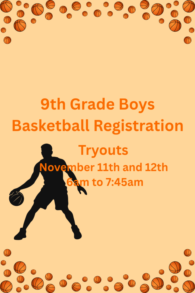 9th grade boys basketball registration with silhouette of a man bouncing a basketball