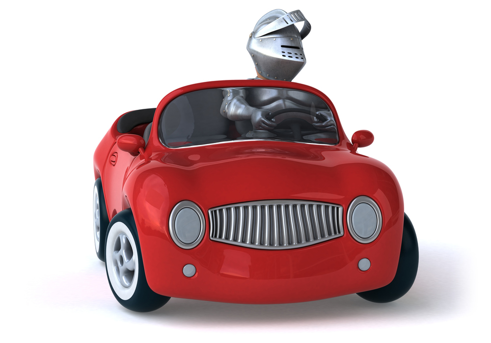 a knight driving a red car (cartoon style)