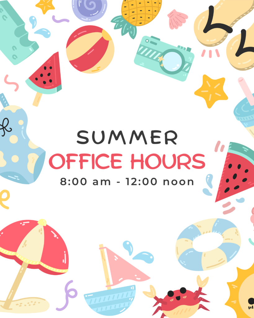 Summer illustrations surround office hour info, 8:00 am -12:00 noon