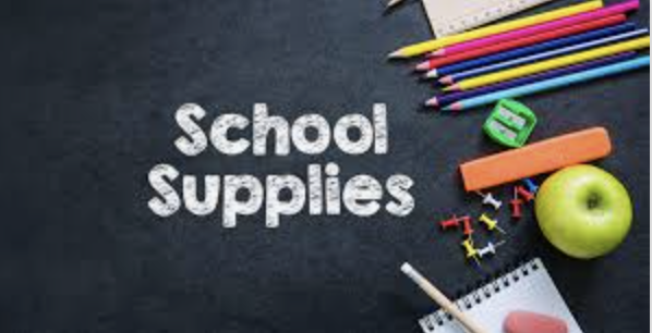 pictures of school supplies and an apple with the title 'school supplies'