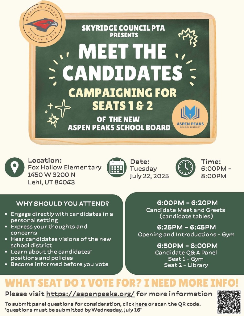 Flyer invite to the PTA council candidate meet and greet at Fox Hollow Elementary on July 22 at 6pm.