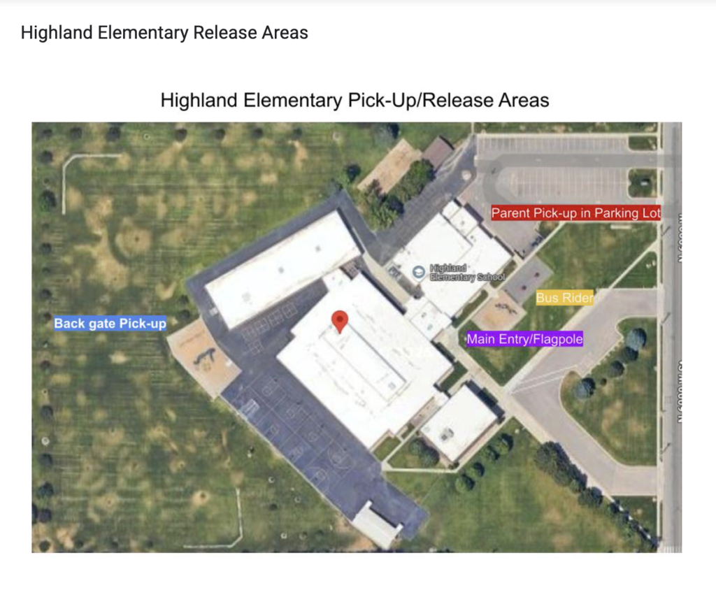 Ariel view of school with designated pickup areas
