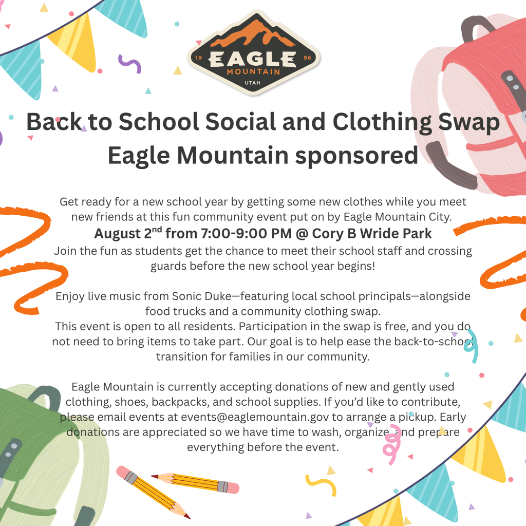 flier for EM social event on Aug. 2nd at Cory B. Wride Park with backpacks and streamers in the background