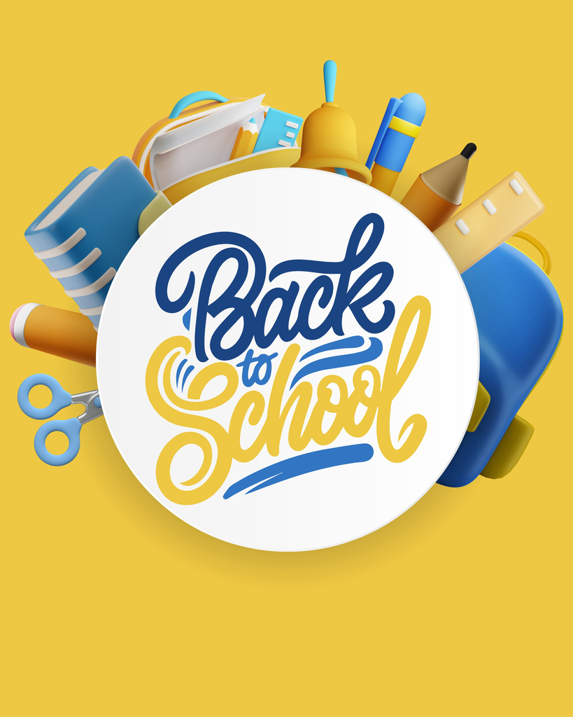 Back to School with yellow background and school supplies shown