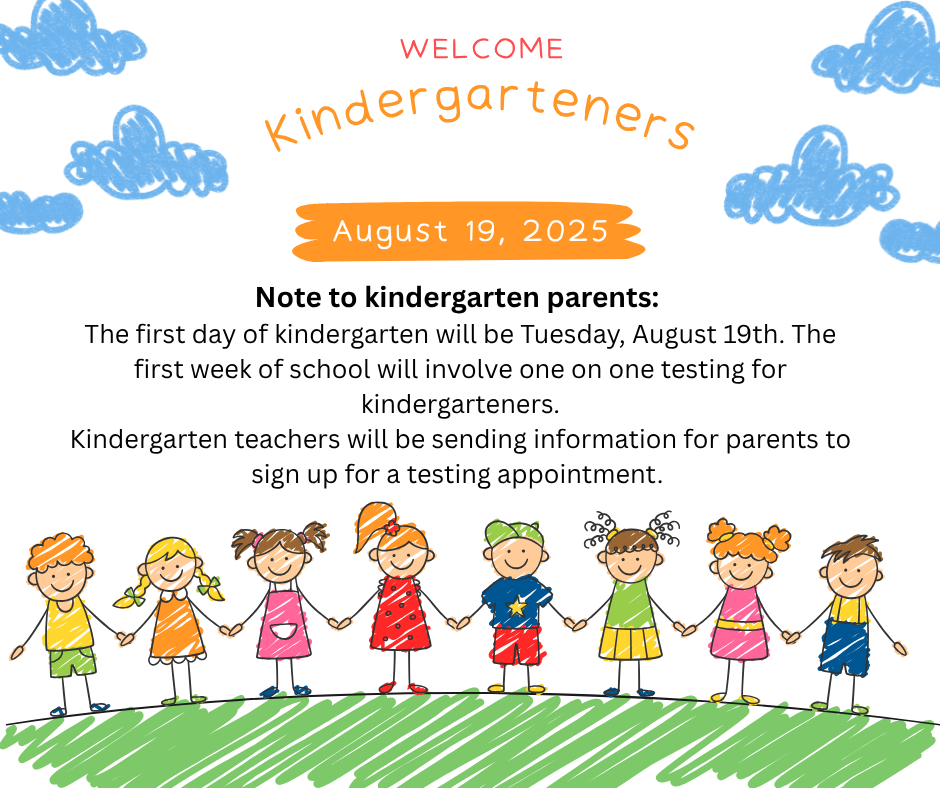 Picture of children with information about kindergarten start date. Kindergarten start day is August 19.