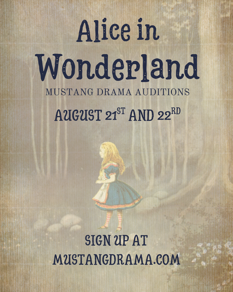 picture of blond girl  standing in the woods, with text around the girl explaining Drama audition at Frontier Middle School