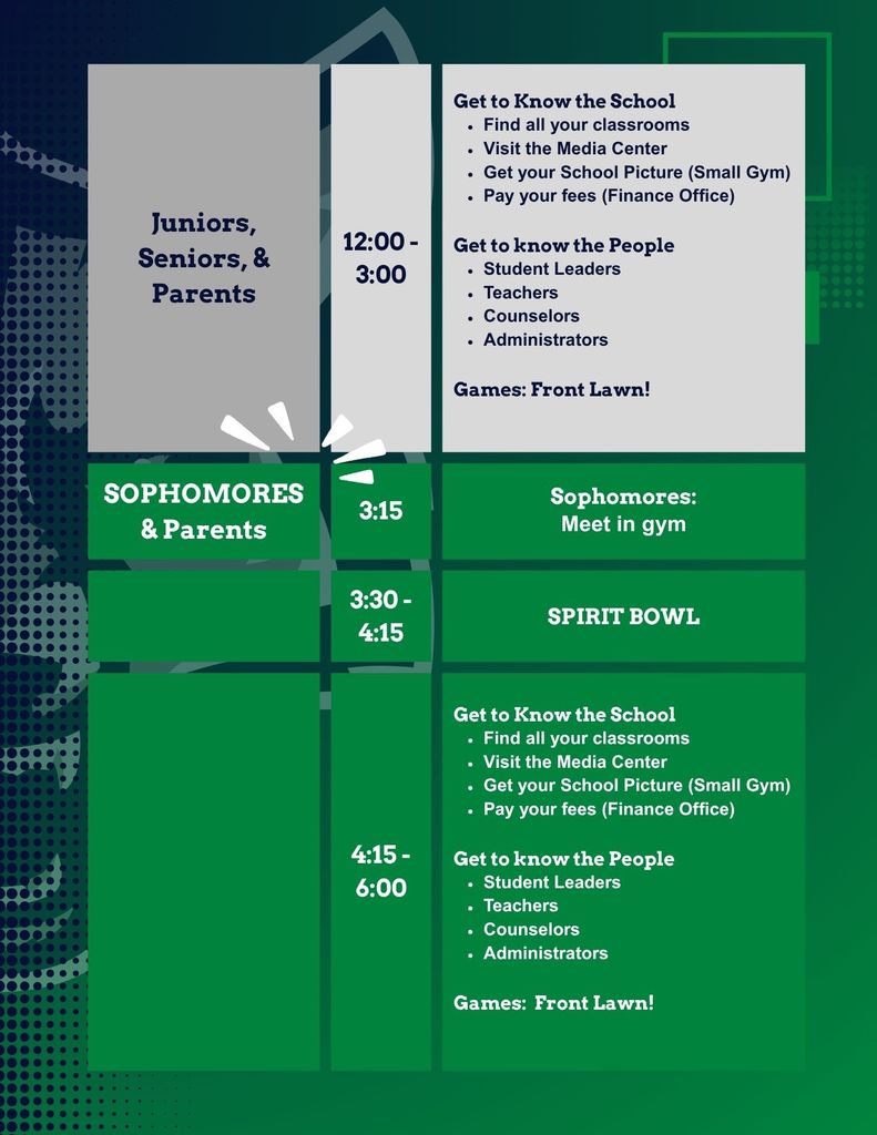 Back to School day schedule on green and gray background with Timberwolf branding.