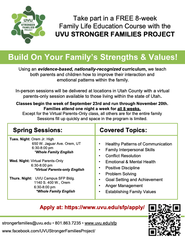 UVU Strengthening Families program, 8-week family life education program 