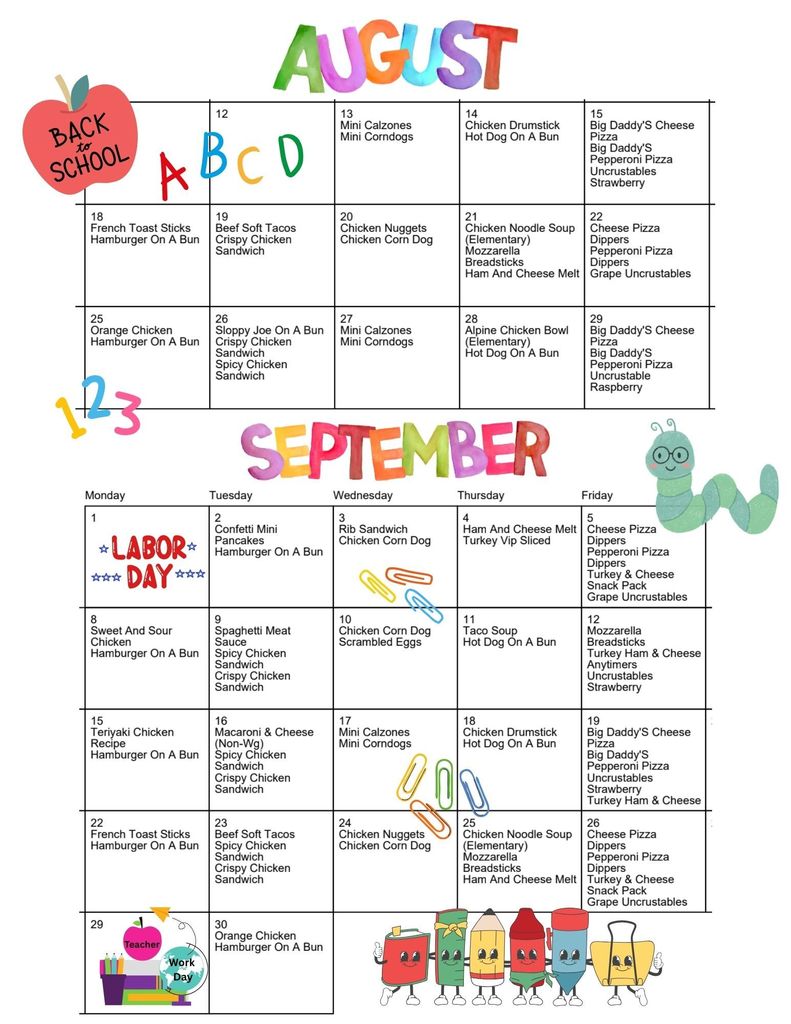 School Menu with clipart images
