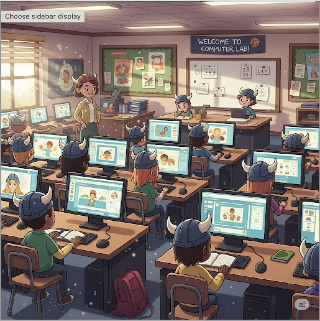 cartoon image of students in a computer lab with viking hats on