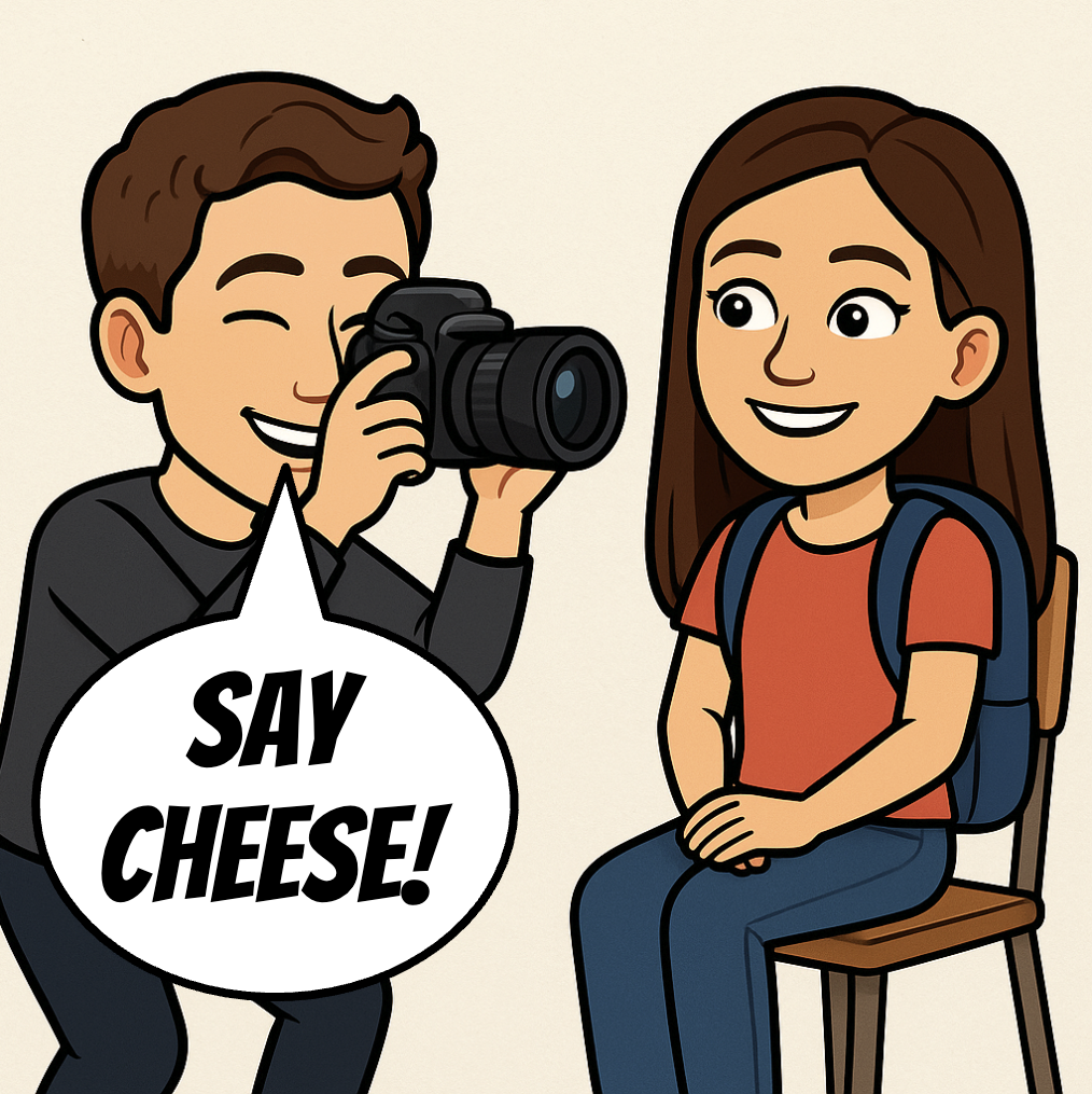 This is a picture of a photographer taking a school picture of a student.  He is saying, "Say Cheese!"