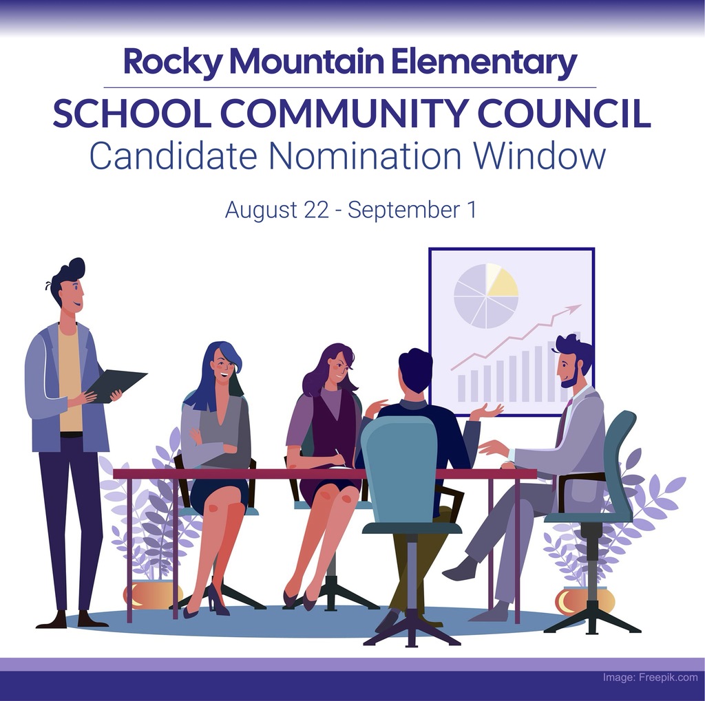 This image shows five people at a table discussing plans for improving results.  There is also text that reads "Rocky Mountain Elementary School Community Council Candidate Nomination Window August 22 -  September 1"