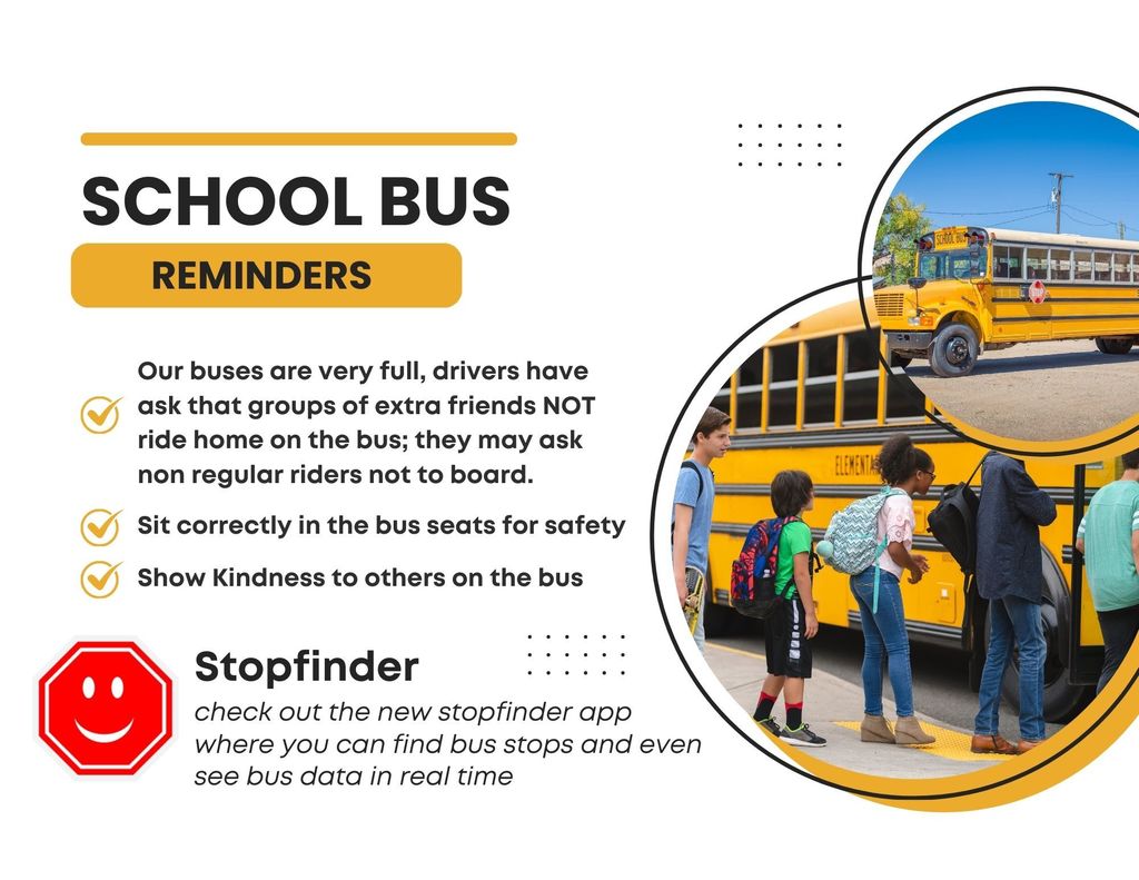 Buses, stop sign, and text describing bus safety
