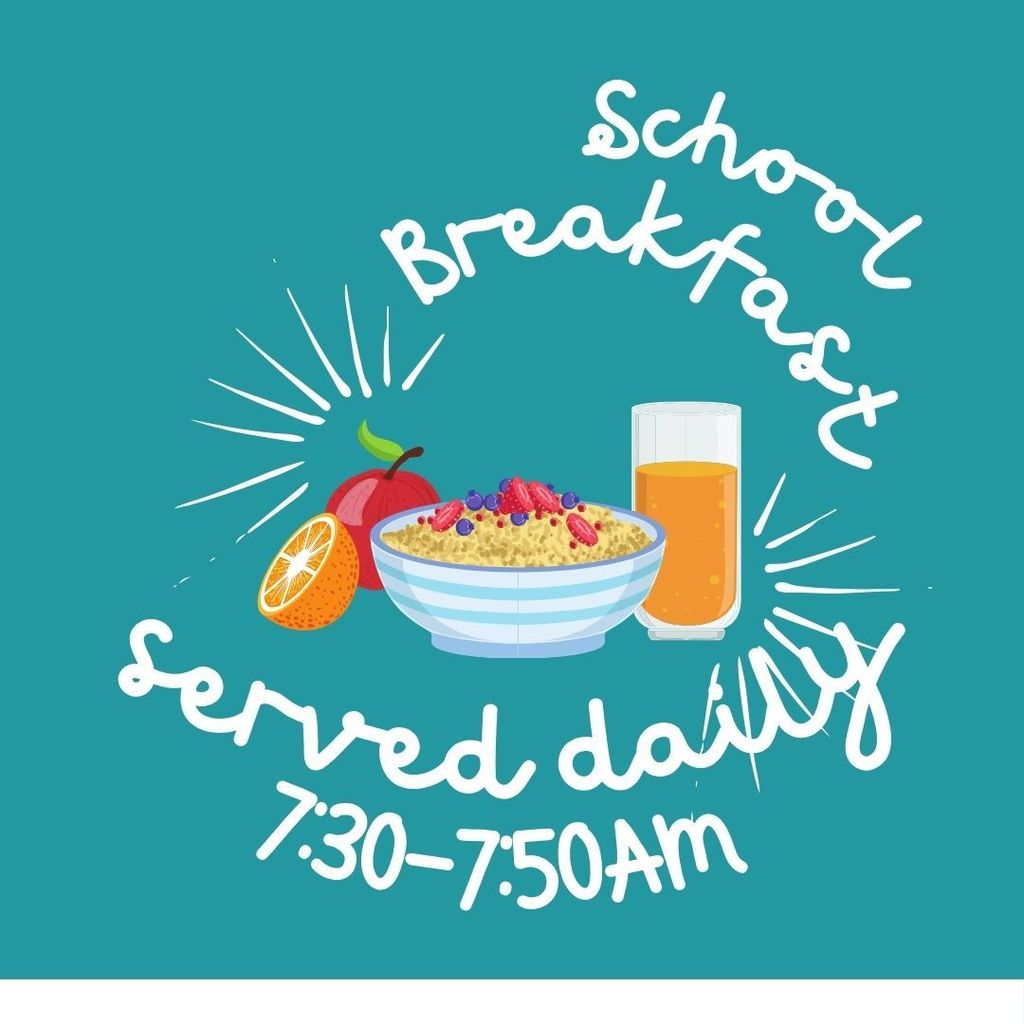 school breakfast items on teal background