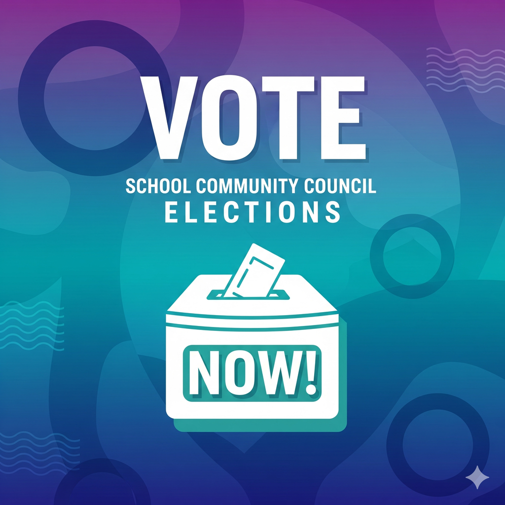 Image of a ballot being dropped into a box with the text "Vote School Community Council Elections Now"