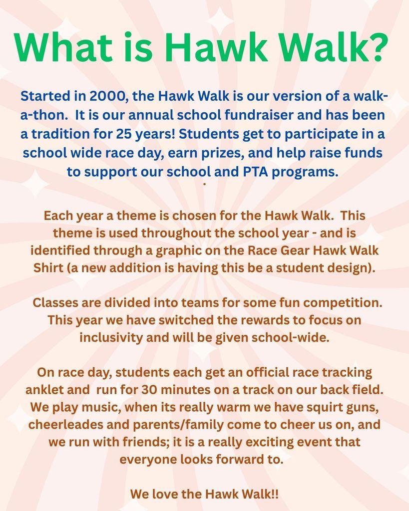 Colorful background with text explaining the Hawk Walk