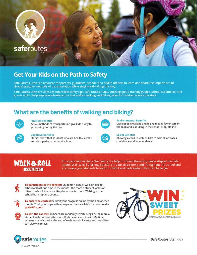 Colorful flyer for Walk & Roll Bike or Walk to School contest