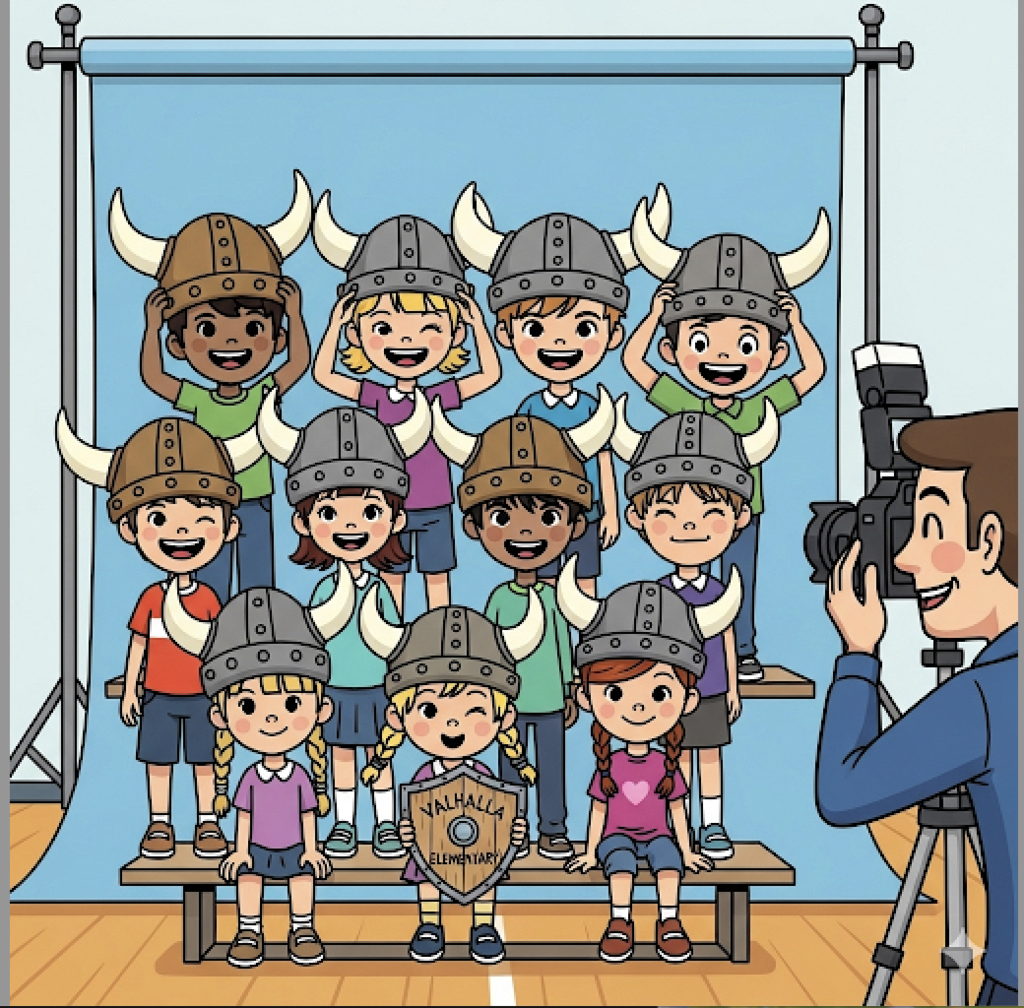 blue background with cartoon children wearing viking hats having their picture taken by a man in a blue shirt