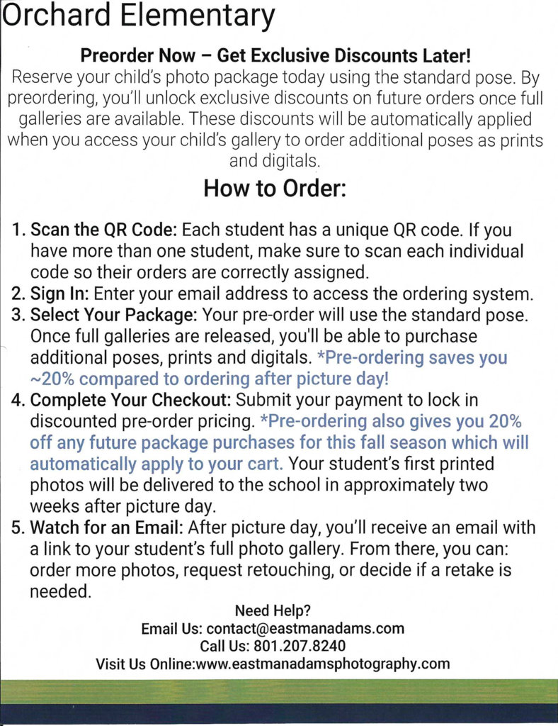 Image of photography flier that was sent home with students with instructions of how to order pictures.