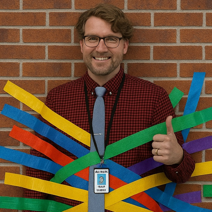 Mr. Killpack taped to a wall  