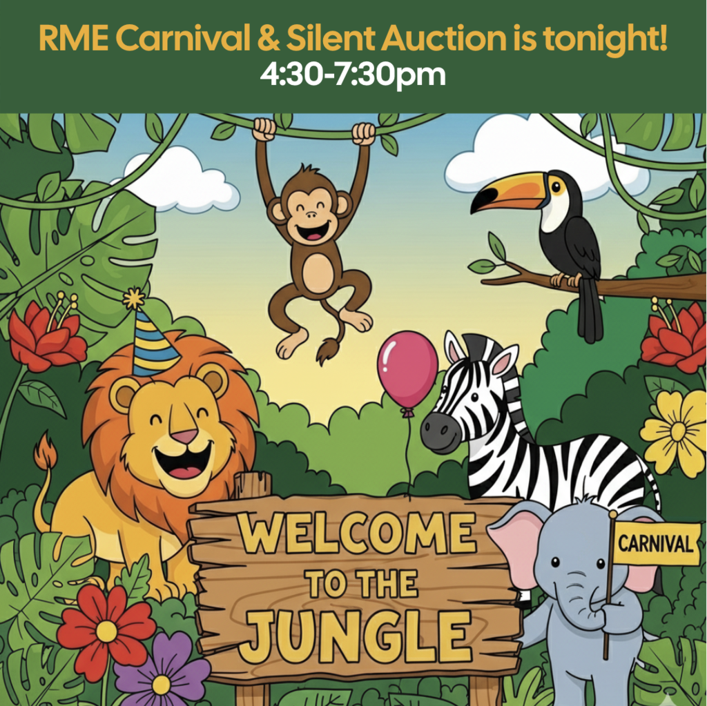 This image announces the Rocky Mountain Carnival and Silent Auction happening September 15, 4:30-7:30pm.  It shows pictures of jungle animals.