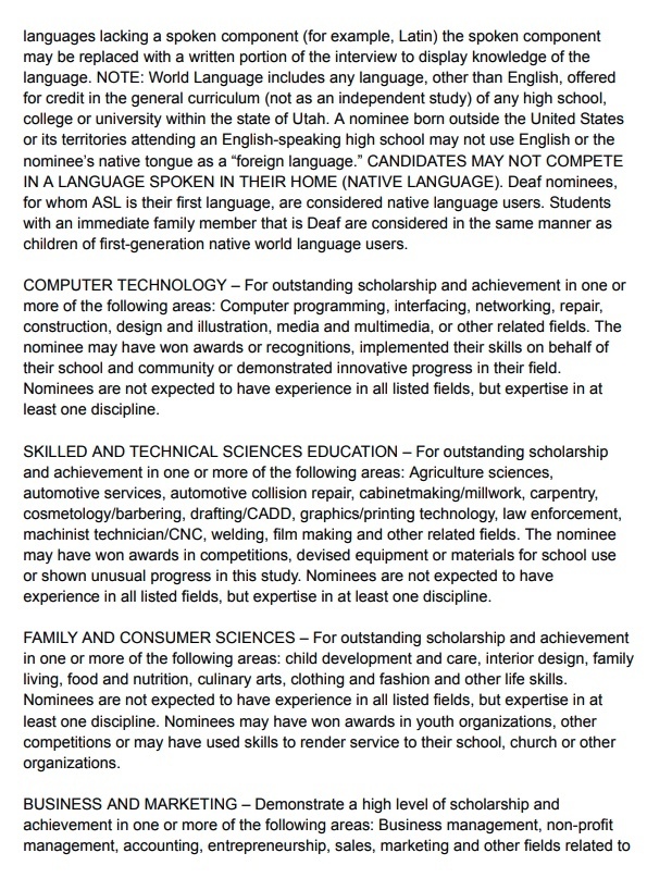Categories of sterling scholar