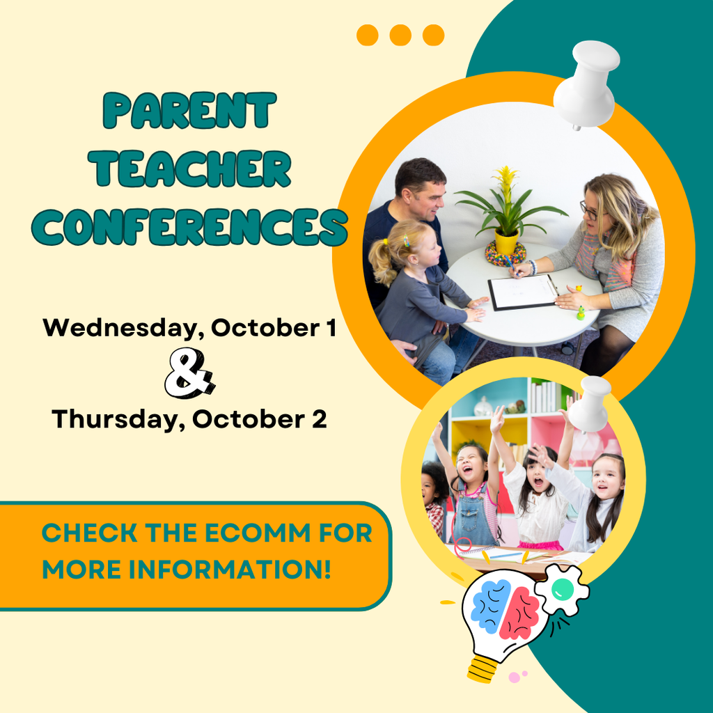 images of father and daughter meeting with teacher. children raising hands in class. wording with information about parent teacher conferences