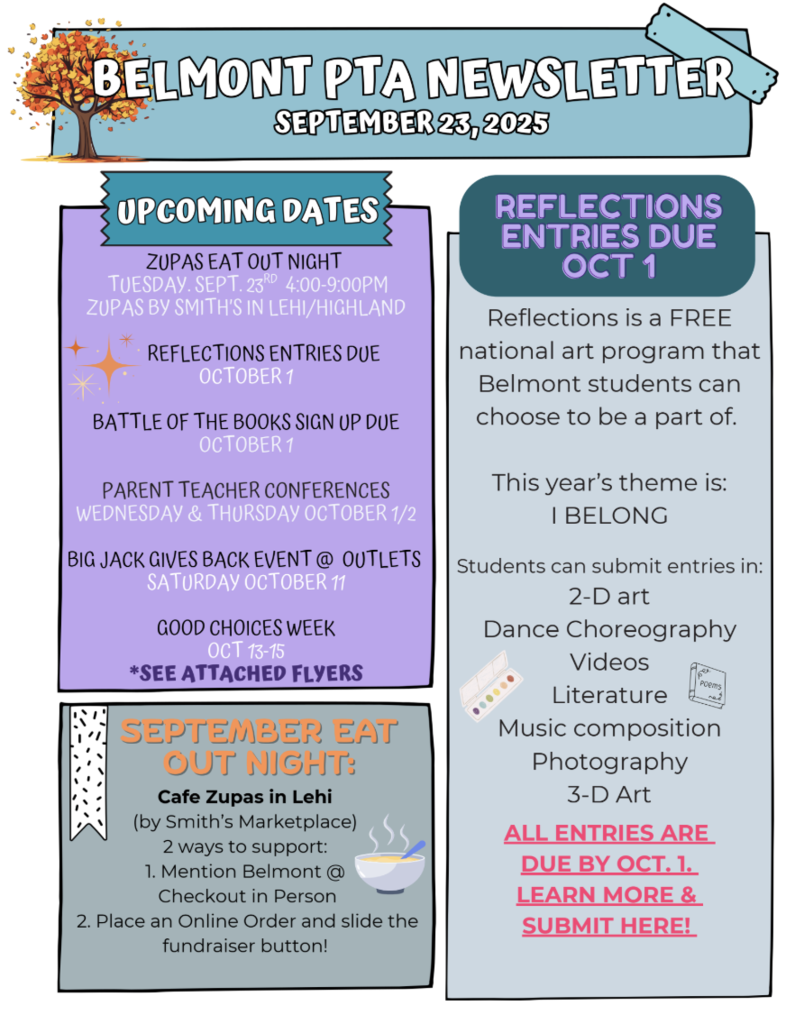 Belmont Newsletter Upcoming PTA Events and Activities