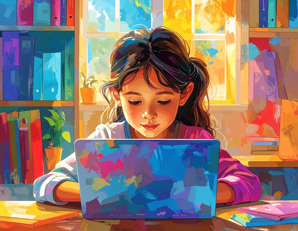 young girl studying on laptop in abstract colors
