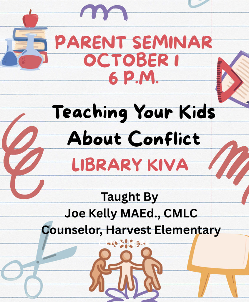 Parent seminar flier with wording about details on October 1 at 6:00 in the library kiva